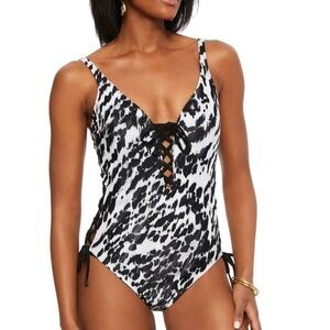 Bar III Heat Wave Lace-Up Black White Push Up One-Piece Swimsuit